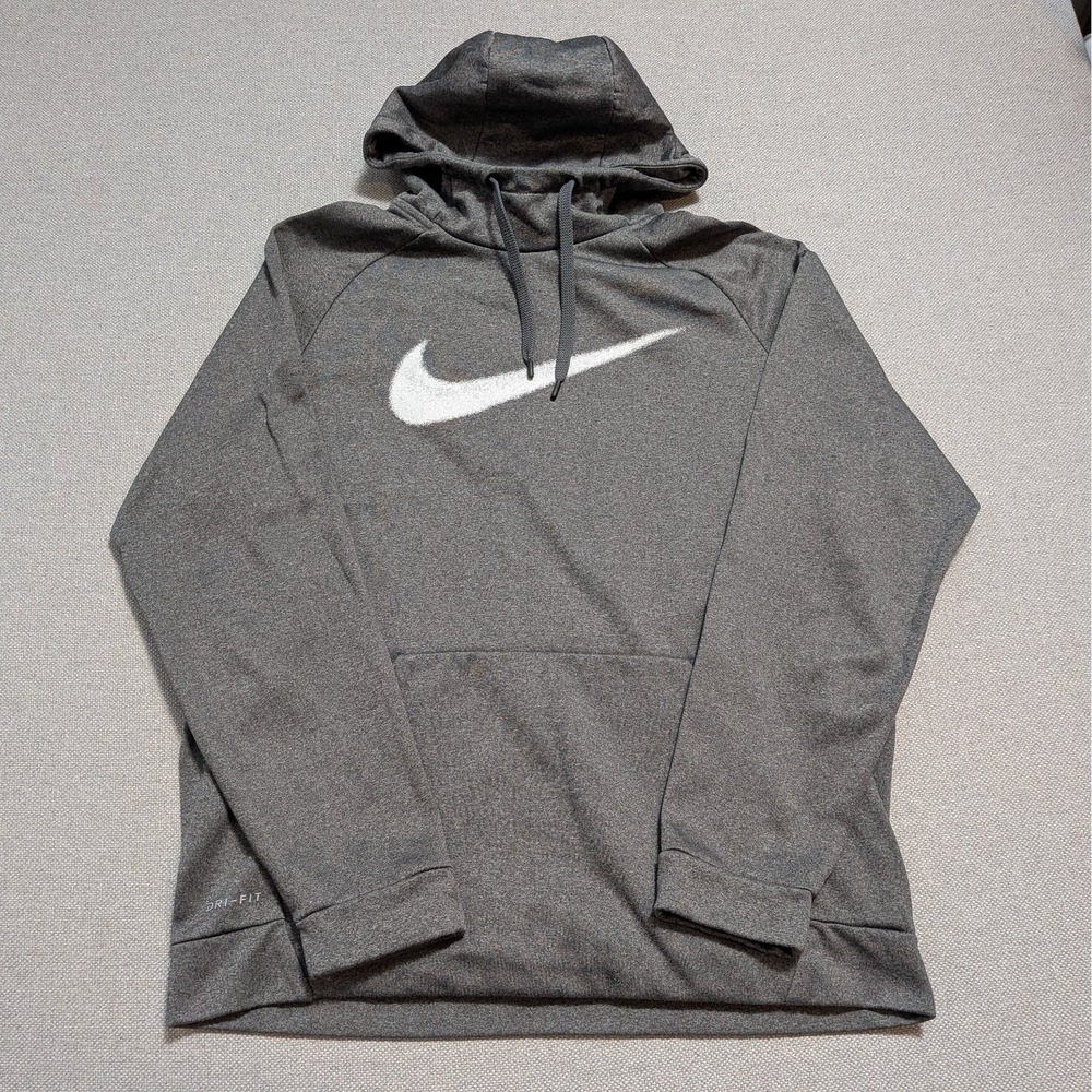 Nike Hoodie Men's Grey Large Dri-FIT Pullover Activewear Airbrush Big Logo